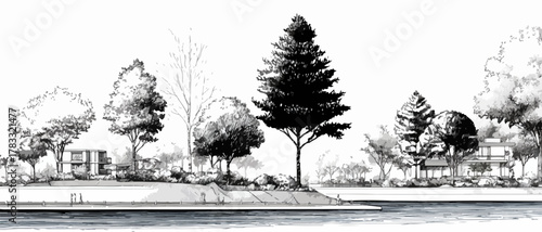 Schwarz-Weiß-Vektor-Zeichnung einer Uferpromenade mit verschiedenen Bäumen und modernen Häusern im Hintergrund.