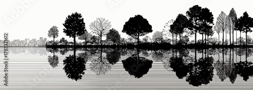 Schwarz-Weiß Vektor-Silhouette von Bäumen gespiegelt auf ruhigem Wasser in minimalistischer Darstellung.