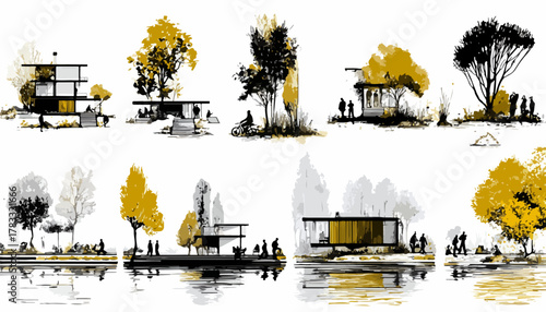 Stilisierte Vektor-Set moderner Architektur-Skizzen mit Bäumen und Wasserreflexionen in Gelb und Grau.