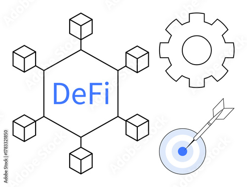 Network with decentralized nodes labeled DeFi, gear for technology, and target with arrow. Ideal for blockchain, fintech, innovation, goals, strategy software connectivity. Simple flat metaphor