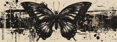 Dunkler Schmetterling als Vektor-Illustration mit Grunge-Textur und Farbspritzern auf hellem Hintergrund.