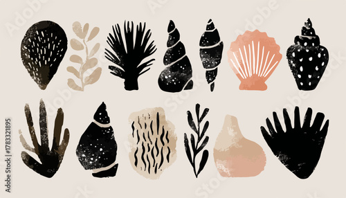 Abstrakte Vektor-Sammlung von stilisierten Muscheln und maritimen Pflanzen in sanften Erdtönen.