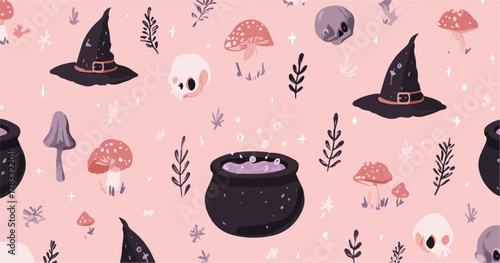 Niedliches Hexenmuster mit Zauberkessel, Pilzen und Schädeln auf zartrosa Hintergrund, Vektor.