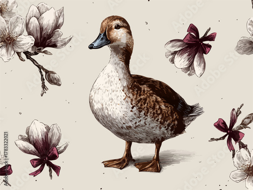 Vintage Vektorillustration einer jungen Ente umgeben von zarten Magnolienblüten und Schleifen.
