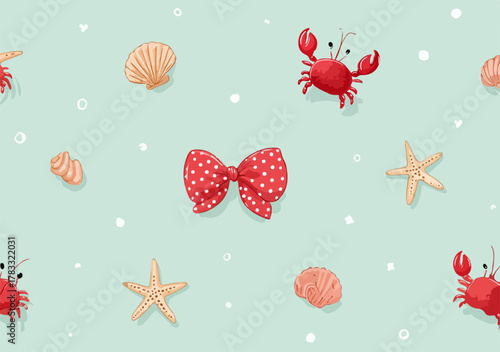 Niedliches, nahtloses Muster mit roten Krabben, Seesternen, Muscheln und Schleife auf Türkis.