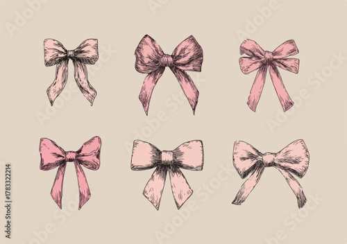 Sechs handgezeichnete rosa Schleifen in verschiedenen Stilen, Vektor-Set mit Vintage-Charme und eleganter Dekoration.