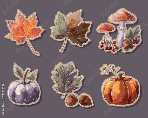 Herbstliche Sticker-Set mit Ahornblättern, Pilzen, Eicheln, Apfel und Kürbis als Vektorillustration.