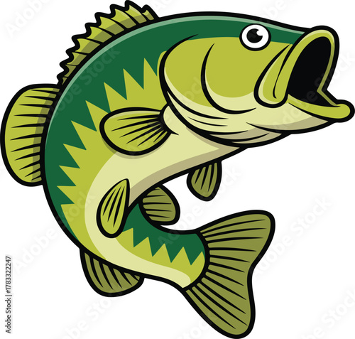 A cartoon illustration of a largemouth bass fish fish, largemouth, bass, cartoon, illustration, animal, aquatic, wildlife, freshwater, green, white, outline, drawing, clipart, isolated, vector, nature