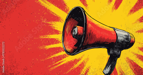 Roter Megafon mit lautem Ausruf vor einem gelb-roten, explosiven Hintergrund als Vektorillustration.