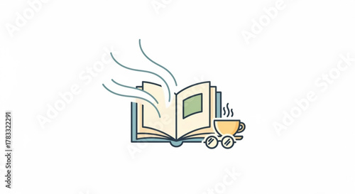 Cozy reading nook with open book, hot coffee, and glasses illustration for relaxation and study time