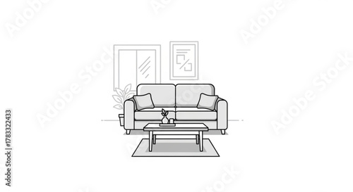 Modern living room design with sofa couch and coffee table interior home decor furniture and plant illustration