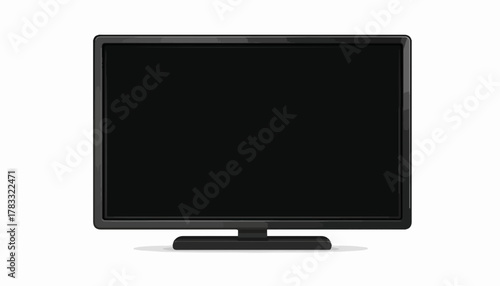Ein moderner, flacher schwarzer Fernsehbildschirm mit einem schwarzen Standfuß auf weißem Hintergrund