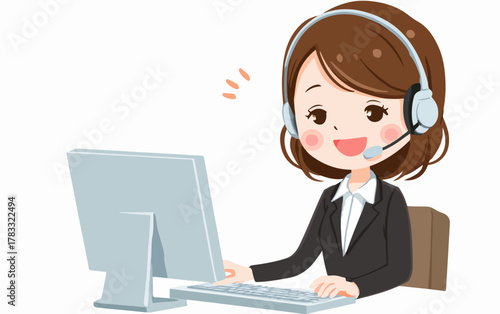 Eine freundliche Mitarbeiterin mit Headset sitzt am Computer und bedient einen Kunden im Callcenter.