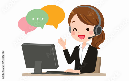 Eine freundliche Mitarbeiterin im Kundenservice mit Headset und Sprechblasen am Arbeitsplatz.