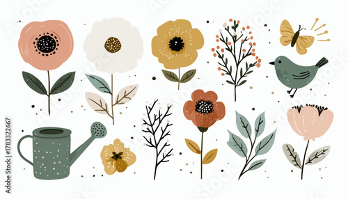 Eine Sammlung von handgezeichneten Vektor-Illustrationen mit Blumen, einem Vogel und einer Gießkanne.