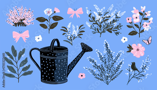 Vektorillustration mit zarten Blumen, Blättern, einer Gießkanne und einem Vogel auf blauem Hintergrund.