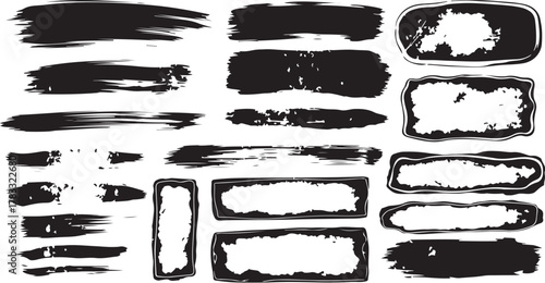 Black ink brush stroke shapes and frames white grunge