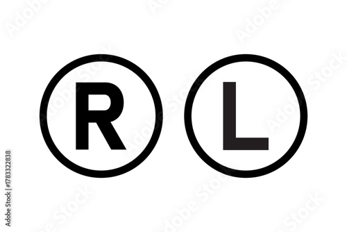 Right and left letter icons in circle. R and l symbols isolated on white background.