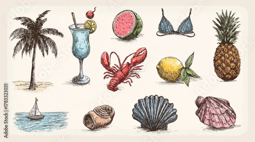 Sommerliche Vektorsymbole mit tropischen Früchten, Getränken und Strandaccessoires für Urlaubsdesign.