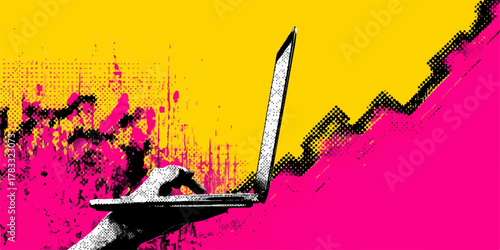 Abstrakte Vektorgrafik mit einem Laptop und einer Hand vor einem bunten Hintergrund