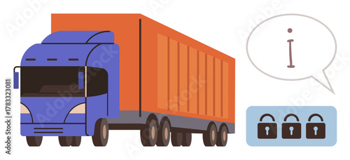 Freight truck with orange container, speech bubble featuring info symbol, and three lock icons. Ideal for logistics, security, transportation, delivery, safety cyber protection data. Simple flat