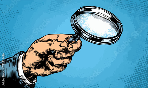 Hand hält Lupe für detaillierte Untersuchung und Analyse von Informationen