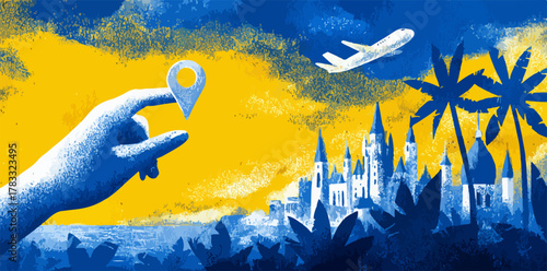 Ein Finger mit einem Standortmarker zeigt auf eine tropische Stadt mit einem Flugzeug am Himmel.