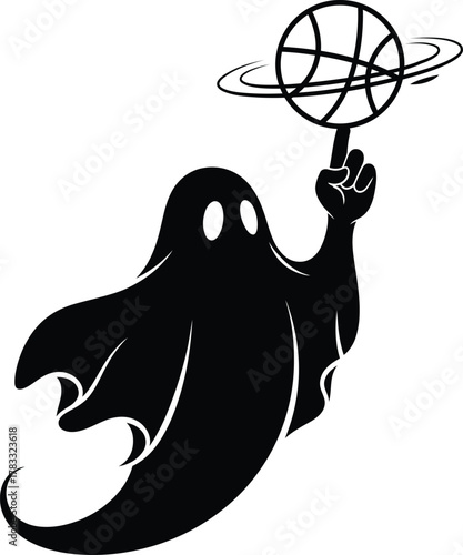 Ghostly figure spinning basketball on finger with supernatural skill and ease