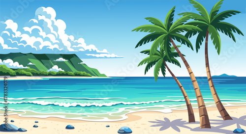 Tropical beach scene with palm trees, ocean waves, and a distant green mountain under a blue sky with clouds