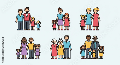 Diverse families vector illustration showcasing various family structures and relationships for design projects