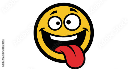 A silly yellow cartoon smiley face with wide eyes and a large red tongue sticking out.
