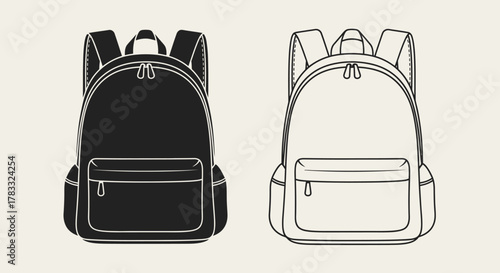 Two backpacks, one black and one outlined in black on a beige background, are shown side by side.