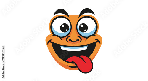 Cartoon face with a wide smile, tongue out, and large eyes, expressing joy.