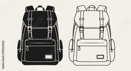 Two backpacks, one black and one white, with multiple pockets and straps.