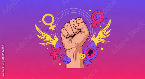Empowering feminism illustration featuring raised fist and female symbols for social justice equality rights