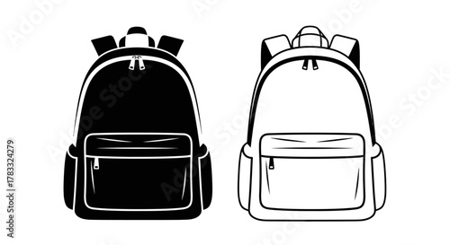 A set of two backpack icons, one in solid black silhouette and the other as a white line art drawing.