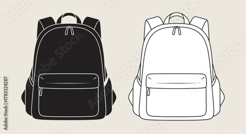 Two backpacks, one black and one white outline, displayed side-by-side against a neutral background.