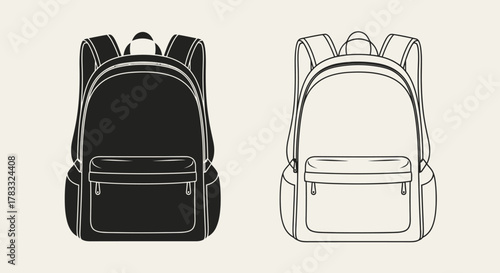 Two minimalist backpack illustrations, one solid black and one outline, on a light background.