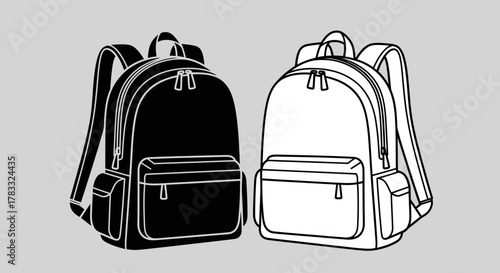 Two backpacks, one black and one white, side by side, in a line drawing style.
