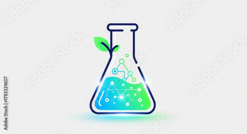 Science lab beaker with leaf and molecular structure for biotechnology research and development concept