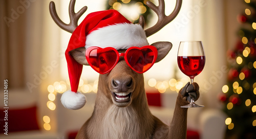 A jolly reindeer in a santa hat and heart-shaped sunglasses holding a wine glass. festive humor 44461590 1