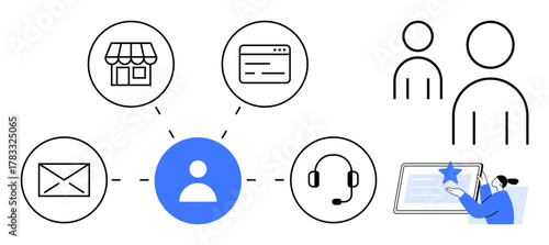 Central user element connected to email, storefront, website, headset. Additional icons for collaboration, digital interaction. Ideal for communication, customer service, teamwork marketing