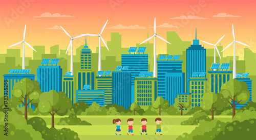 Eco-friendly cityscape with children walking in park, illustrating sustainable urban development and green energy