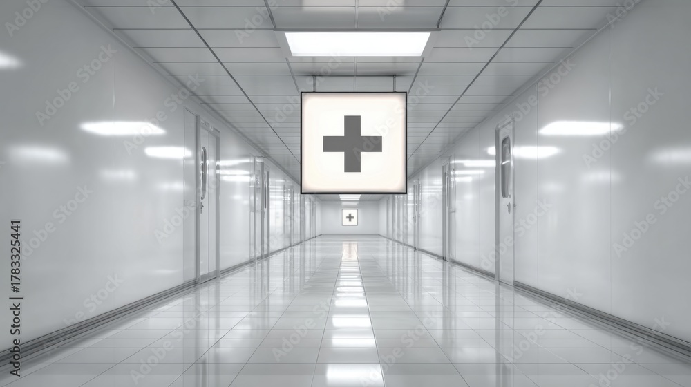 Fototapeta premium Bright modern hospital corridor interior with clean white walls medical cross sign and sterile healthcare environment concept design on white background