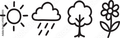Minimalist Nature and Weather Line Icons Collection: Sun, Rain, Tree, and Flower Symbols