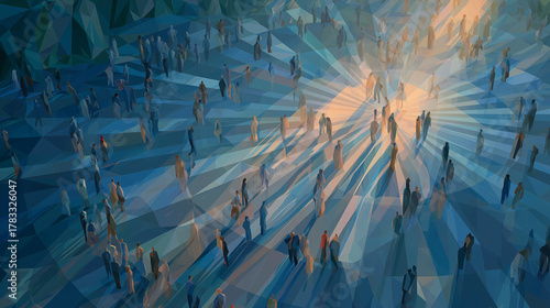 Illuminated Path: A multitude of figures traverse a luminous, radiant pathway, the light guiding their journey through a world of possibilities, symbolizing unity and progress.