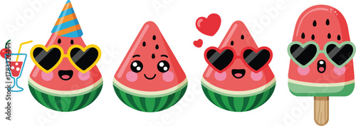 A vibrant set of colorful watermelon fruit slices and summer snacks including fresh juicy melon, sweet heart-shaped cookies, and vector dessert decorations isolated on a pink background