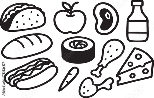 Diverse Food Icons Collection - Hand-Drawn Doodles of Meals and Ingredients in Black & White Line Art.