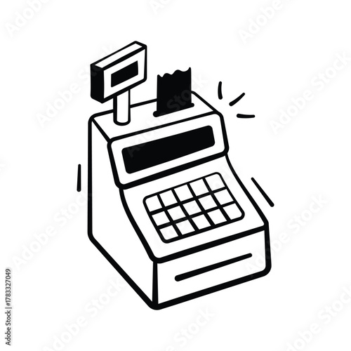 Hand drawn cash register icon, retail checkout and payment system