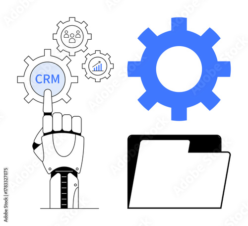 Robotic hand selecting CRM gear icon, additional analytics icons, large gear with file folder. Ideal for innovation, automation, technology, CRM systems, data management, business processes AI